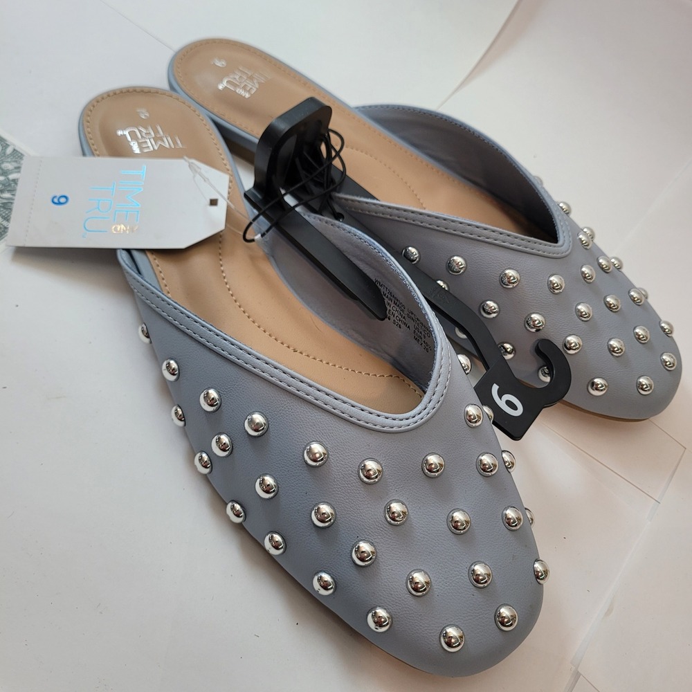 Time and‎ Tru Mules Womens 9 Light Blue Studded Slip On Flats WMTT26AM300